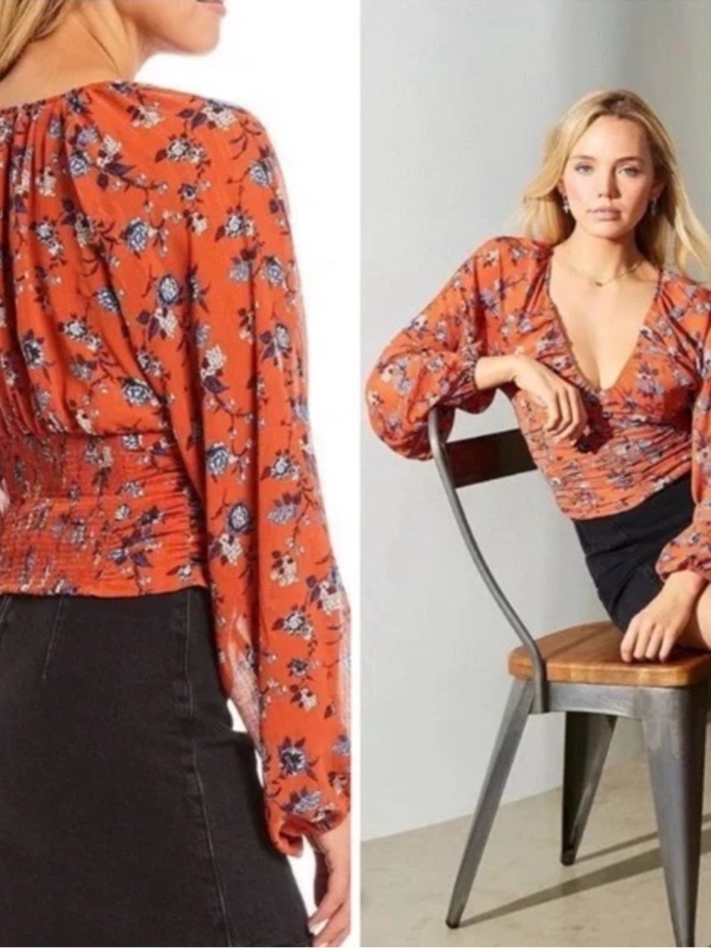 Free People Rust Floral Wrap Blouse
